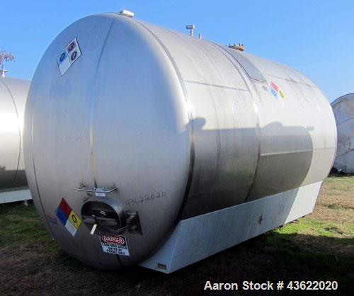 Used Cherry Burrell 10,000 Gallon Stainless Steel Horizontal Storage Tank. Approximately 10'6" diameter x 14'6" straight side. Dished heads. 16" x 20" side oval manway with cover. 3" EBO. (2) Dual CI...