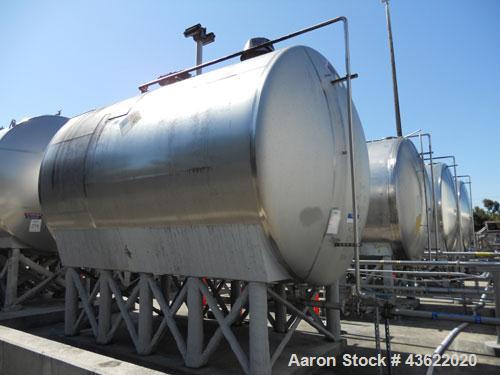 Used Cherry Burrell 10,000 Gallon Stainless Steel Horizontal Storage Tank. Approximately 10'6" diameter x 14'6" straight side. Dished heads. 16" x 20" side oval manway with cover. 3" EBO. (2) Dual CI...
