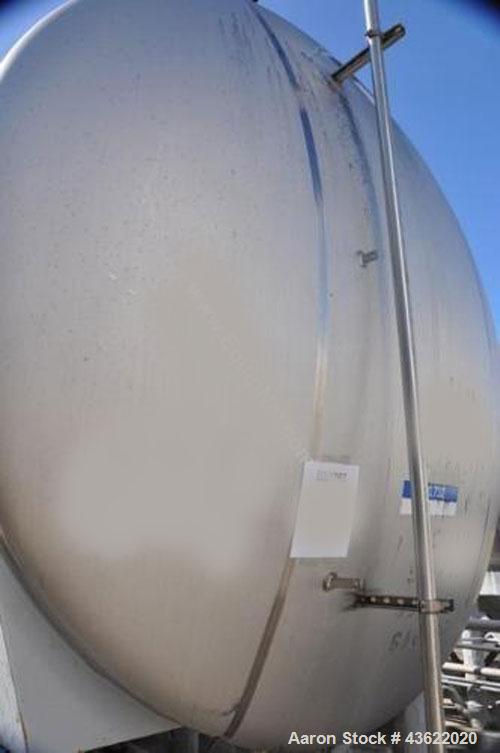 Used Cherry Burrell 10,000 Gallon Stainless Steel Horizontal Storage Tank. Approximately 10'6" diameter x 14'6" straight side. Dished heads. 16" x 20" side oval manway with cover. 3" EBO. (2) Dual CI...
