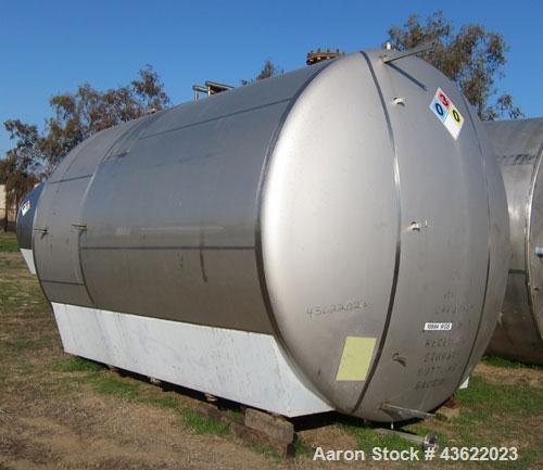 Used Cherry Burrell 10,000 Gallon Stainless Steel Horizontal Storage Tank. Approximately 10'6" diameter x 14'6" straight side. Dished heads. 16" x 20" side oval manway with cover. 3" EBO. (2) Dual CI...