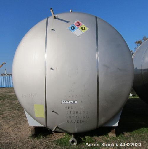 Used Cherry Burrell 10,000 Gallon Stainless Steel Horizontal Storage Tank. Approximately 10'6" diameter x 14'6" straight side. Dished heads. 16" x 20" side oval manway with cover. 3" EBO. (2) Dual CI...