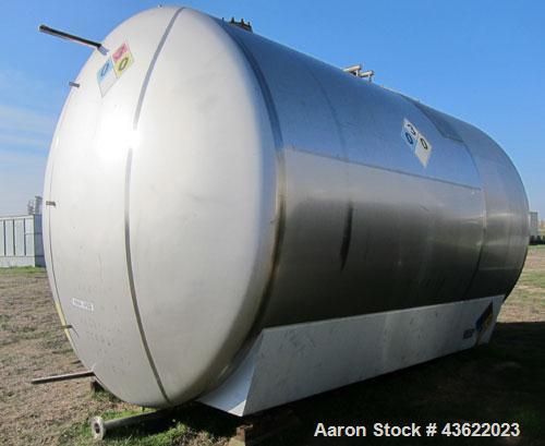 Used Cherry Burrell 10,000 Gallon Stainless Steel Horizontal Storage Tank. Approximately 10'6" diameter x 14'6" straight side. Dished heads. 16" x 20" side oval manway with cover. 3" EBO. (2) Dual CI...