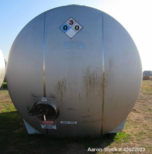 Used Cherry Burrell 10,000 Gallon Stainless Steel Horizontal Storage Tank. Approximately 10'6" diameter x 14'6" straight side. Dished heads. 16" x 20" side oval manway with cover. 3" EBO. (2) Dual CI...
