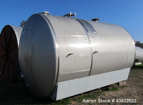 Used Cherry Burrell 10,000 Gallon Stainless Steel Horizontal Storage Tank. Approximately 10'6" diameter x 14'6" straight side. Dished heads. 16" x 20" side oval manway with cover. 3" EBO. (2) Dual CI...