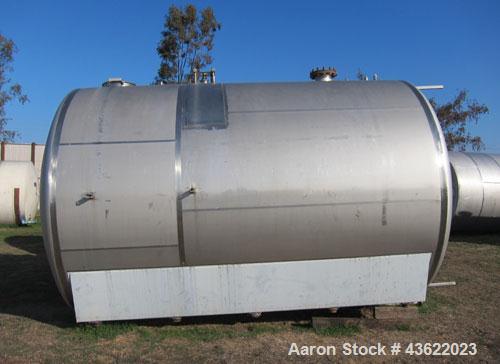 Used Cherry Burrell 10,000 Gallon Stainless Steel Horizontal Storage Tank. Approximately 10'6" diameter x 14'6" straight side. Dished heads. 16" x 20" side oval manway with cover. 3" EBO. (2) Dual CI...