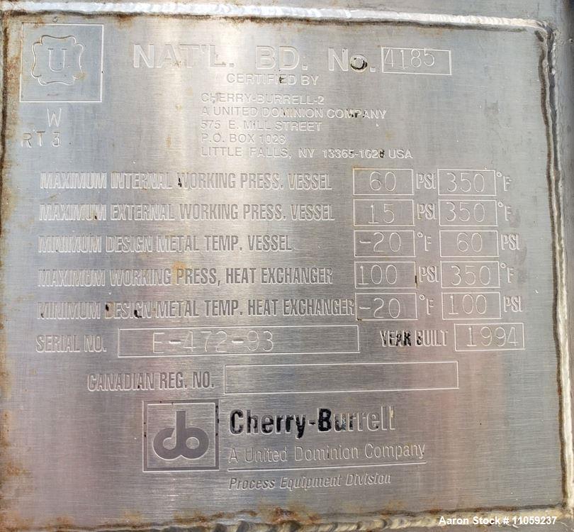 Used- Cherry Burrell Stainless Steel Jacket Vacuum Rated Mix Tank/Reactor