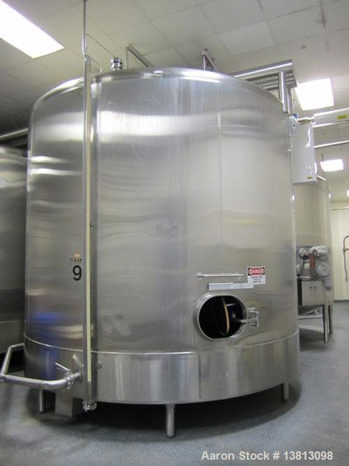 Used Cherry Burrell 8000 Gallon Vertical Stainless Steel Tank.Top mounted agitator, side manway, sightglass, 3" sloped bottom side discharge, 12'2" diameter x 10' straight wall, 14'8" overall height.