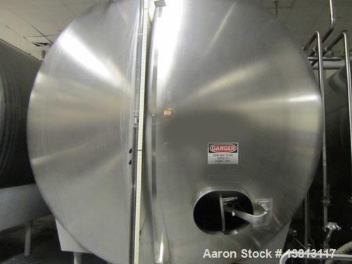 Used Cherry Burrell 8,000 Gallon Horizontal Stainless Steel Tank.  End mount agitator approximately 5 hp.  Manway with cover, sight glass, 8 legs.  Approximately 10' diameter x 12' straight side, 17'...