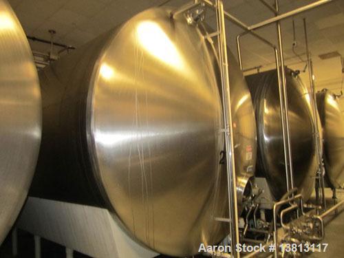 Used Cherry Burrell 8,000 Gallon Horizontal Stainless Steel Tank.  End mount agitator approximately 5 hp.  Manway with cover, sight glass, 8 legs.  Approximately 10' diameter x 12' straight side, 17'...
