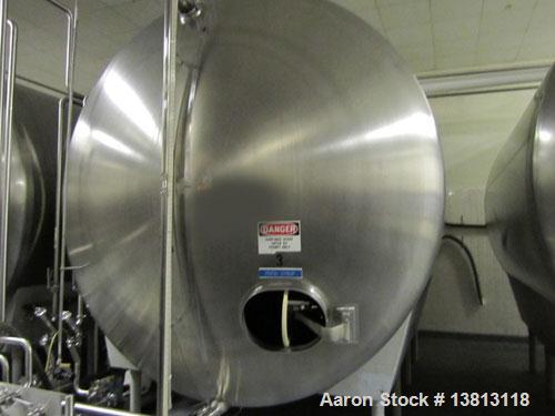 Used Cherry Burrell 8,000 Gallon Horizontal Stainless Steel Tank.  End mount agitator approximately 5 hp.  Manway with cover, sight glass, 8 legs.  Approximately 10' diameter x 12' straight side, 17'...