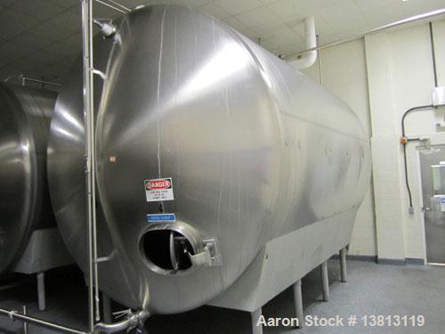 Used Cherry Burrell 8,000 Gallon Horizontal Stainless Steel Tank.  End mount agitator approximately 5 hp.  Manway with cover, sight glass, 8 legs.  Approximately 10' diameter x 12' straight side, 17'...