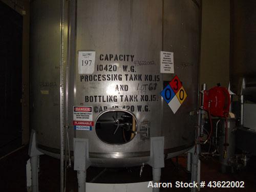 Used Cherry Burrell 10,000 gallon stainless steel storage tank. Approx. 10'6" diameter x 14' straight side. Dished heads. Side entering 3 hp XP agitator, 230/460 volt, 3/60, 1170 rpm. 3-blade prop. 1...