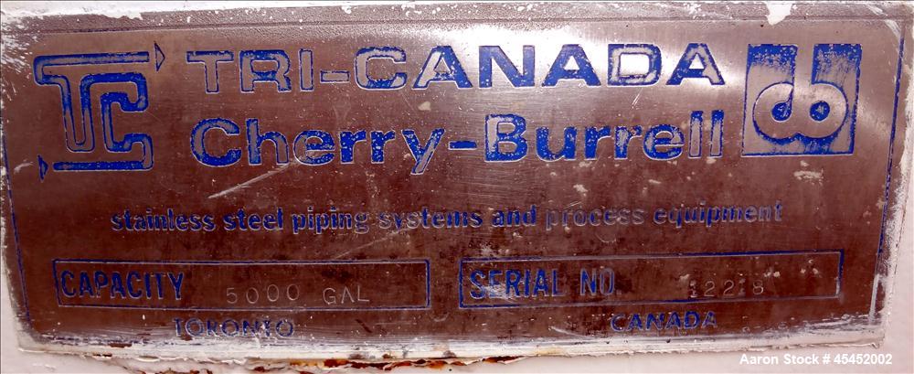 Used Cherry Burrel Tank, 5000 Gallon, 304 Stainless Steel, Horizontal. 96" diameter x 152" straight side, dished heads, insulated. Openings 20" x 17" oval manway with cover, (3) 3" top openings, (2) ...