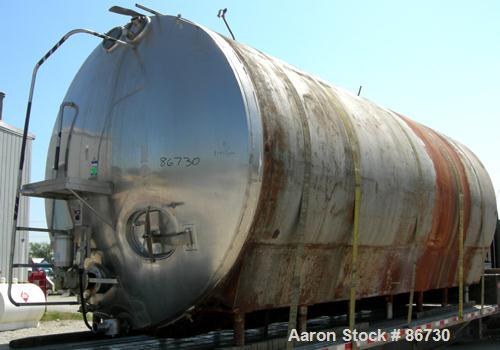 USED: Cherry Burrell tank, model EH, 10,000 gallons, 304 stainless steel, horizontal. 110" diameter x 243" straight side, dished heads. (3) pass 1" diameter internal cooling tube, (4) spray balls. En...