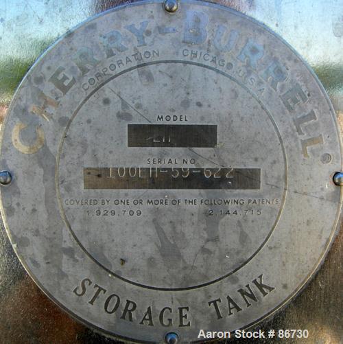 USED: Cherry Burrell tank, model EH, 10,000 gallons, 304 stainless steel, horizontal. 110" diameter x 243" straight side, dished heads. (3) pass 1" diameter internal cooling tube, (4) spray balls. En...