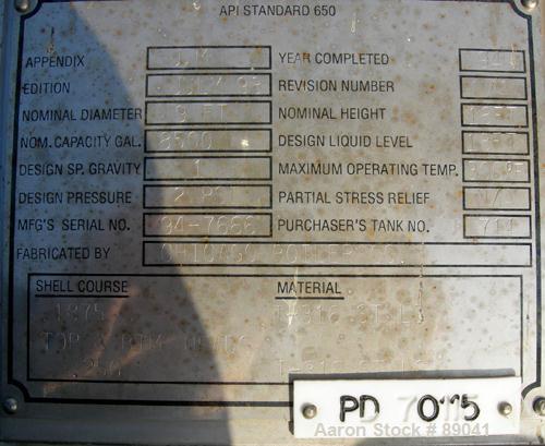 USED: Chicago Boiler tank, 8500 gallon, 316 stainless steel, vertical. Approximately 108" diameter x 18' straight side, dish top, flat bottom. Internal rated 2 psi at 300 deg F. Openings: top (3) 2",...
