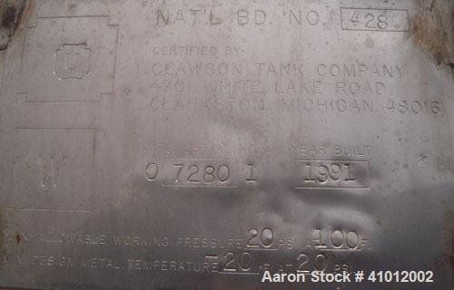 Used Clawson Tank, 13,514 Gallon, 304L Stainless Steel, Horizontal.  Approximate 125.5" diameter x 222" straight side, dished heads.  Vessel rated 20 psi @ 100 degrees F.  Openings:  Top 30" manway w...