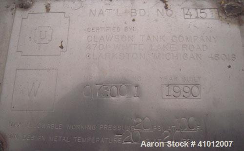 Used Clawson Tank Company Pressure Tank, 12,000 gallon, 304L stainless steel, horizontal.  125-1/2" diameter x 222" straight side, dished heads. Internal rated 20 psi at 100 deg F, and -20 deg F at 2...