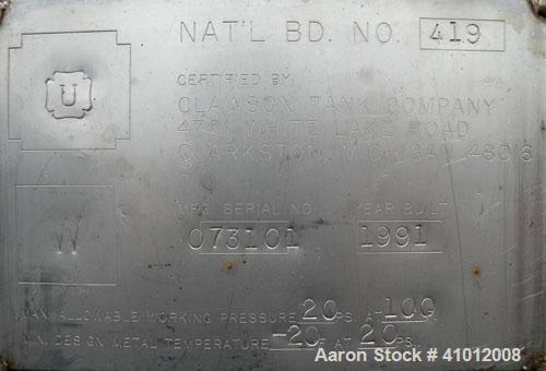 Used Clawson Tank Company Pressure Tank, 12,000 gallon, 304L stainless steel, horizontal.  125-1/2" diameter x 222" straight side, dished heads. Internal rated 20 psi at 100 deg F, and -20 deg F at 2...