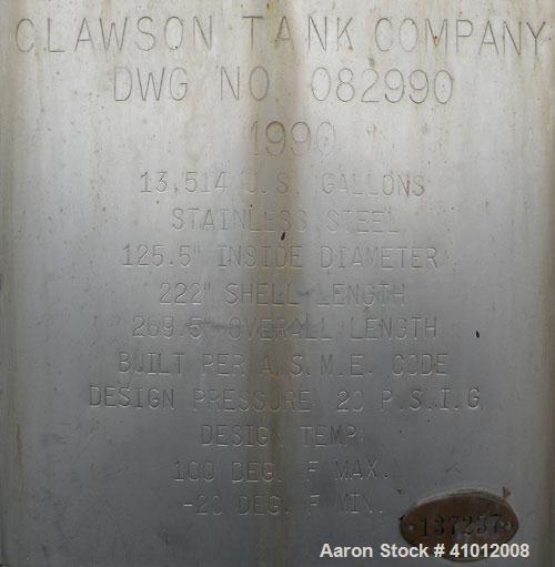 Used Clawson Tank Company Pressure Tank, 12,000 gallon, 304L stainless steel, horizontal.  125-1/2" diameter x 222" straight side, dished heads. Internal rated 20 psi at 100 deg F, and -20 deg F at 2...