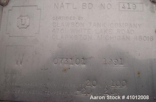 Used Clawson Tank Company Pressure Tank, 12,000 gallon, 304L stainless steel, horizontal.  125-1/2" diameter x 222" straight side, dished heads. Internal rated 20 psi at 100 deg F, and -20 deg F at 2...
