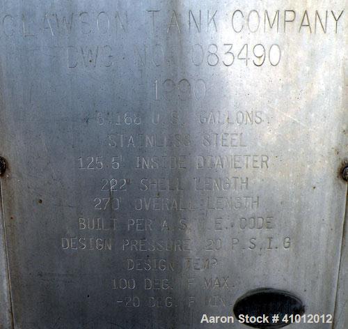 Used Clawson Tank Company 2 Compartment Pressure Tank, 12,000 gallons total, 6,000 gallons per compartment, 304L stainless steel, horizontal. Each compartment 125-1/2" diameter x 85" straight side, d...