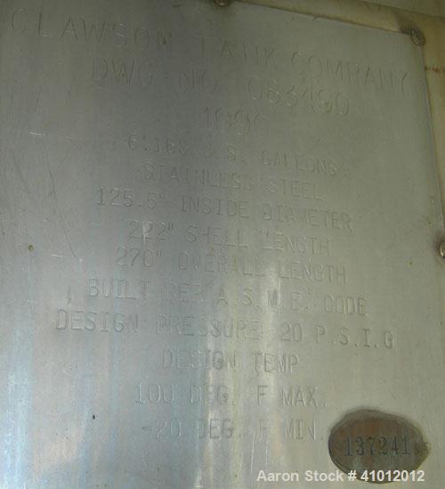 Used Clawson Tank Company 2 Compartment Pressure Tank, 12,000 gallons total, 6,000 gallons per compartment, 304L stainless steel, horizontal. Each compartment 125-1/2" diameter x 85" straight side, d...