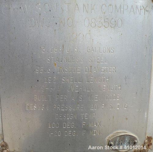 Used Clawson Tank Company 2 Compartment Pressure Tank, 6,000 gallons, 3,000 gallons per compartment, 304L stainless steel, horizontal. Each compartment 95-1/2" diameter x 75" straight side, dished he...