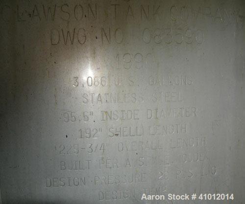 Used Clawson Tank Company 2 Compartment Pressure Tank, 6,000 gallons, 3,000 gallons per compartment, 304L stainless steel, horizontal. Each compartment 95-1/2" diameter x 75" straight side, dished he...