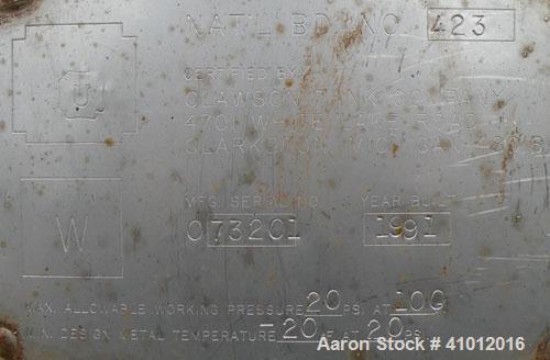 Used Clawson Tank Company Pressure Tank, 12,000 Gallon, 304L Stainless Steel, Horizontal.  125-1/2" diameter x 222" straight side, dished heads. Internal rated 20 psi at 100 deg F, and -20 deg F at 2...