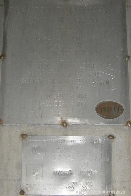 Used Clawson Tank Company Pressure Tank, 12,000 gallons, 304L stainless steel, horizontal.  125-1/2" diameter x 222" straight side, dished heads. Internal rated 20 psi at 100 deg F, and -20 deg F at ...