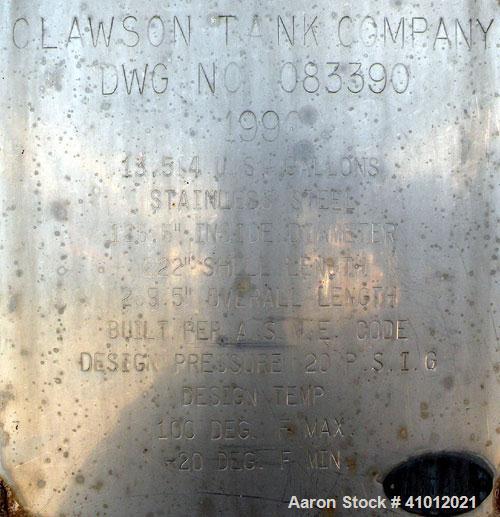Used Clawson Tank Company Pressure Tank, 12,000 Gallon, 304L Stainless Steel, Horizontal.  125-1/2" diameter x 222" straight side, dished heads. Internal rated 20 psi at 100 deg F, and -20 deg F at 2...
