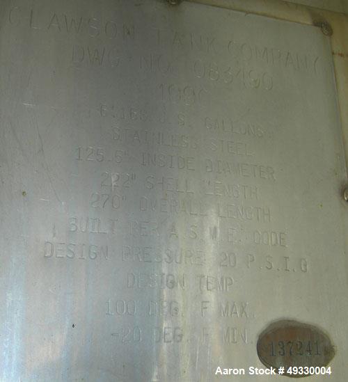Used Clawson Tank Company 2 Compartment Pressure Tank, 12,000 gallons total, 6,000 gallons per compartment, 304L stainless steel, horizontal. Each compartment 125-1/2" diameter x 85" straight side, d...