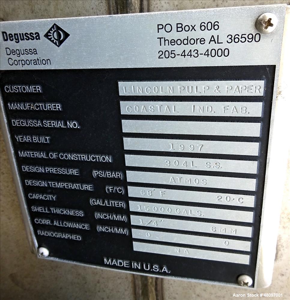 Used Degussa Tank, 15,000 Gallon, 304L Stainless Steel, Vertical.