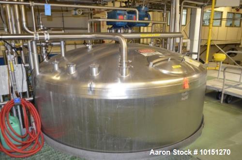 Used Crepaco 6,000 Gallon (Approximately) Vertical Stainless Steel Single Wall Tank. Dome top, dished bottom center. Bridge mounted agitator. 10 hp motor. Sweep agitator. Internal baffles. Spray ball...