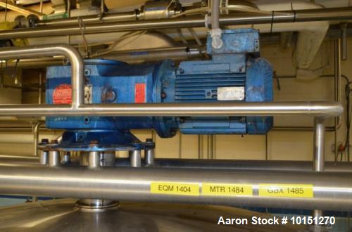 Used Crepaco 6,000 Gallon (Approximately) Vertical Stainless Steel Single Wall Tank. Dome top, dished bottom center. Bridge mounted agitator. 10 hp motor. Sweep agitator. Internal baffles. Spray ball...