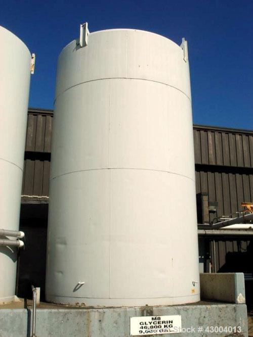 Used Crepaco Tank, 9000 Gallon, 304 Stainless Steel, Vertical. Dished top, flat bottom. Jacketed on side bottom. Side bottom mounted prop style agitator, side bottom man way. Insulated with carbon st...