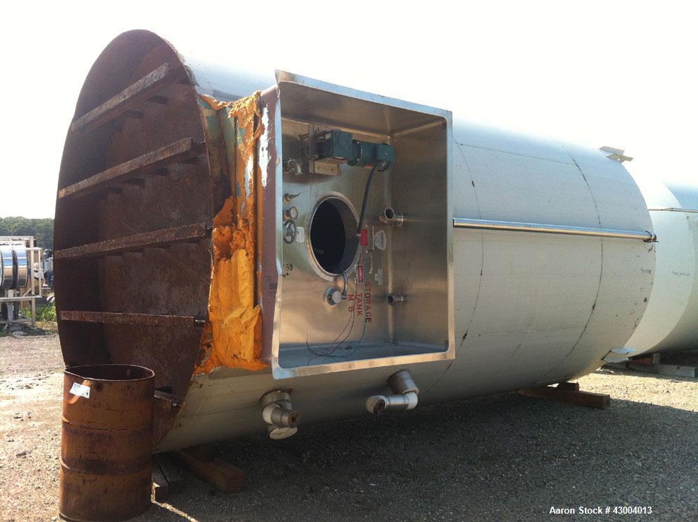 Used Crepaco Tank, 9000 Gallon, 304 Stainless Steel, Vertical. Dished top, flat bottom. Jacketed on side bottom. Side bottom mounted prop style agitator, side bottom man way. Insulated with carbon st...