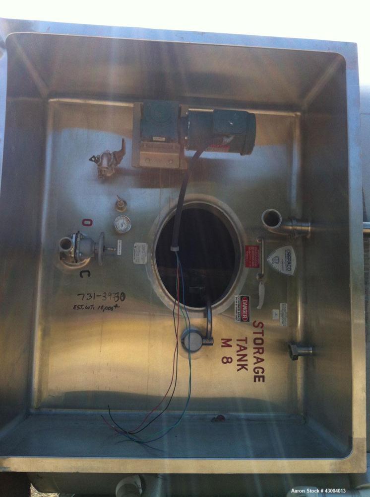 Used Crepaco Tank, 9000 Gallon, 304 Stainless Steel, Vertical. Dished top, flat bottom. Jacketed on side bottom. Side bottom mounted prop style agitator, side bottom man way. Insulated with carbon st...