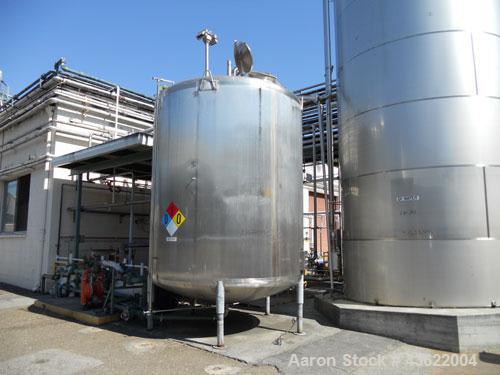 Used Crepaco Approximately 4750 Gallon Stainless Steel Tank. Approximately 106" diameter x 9'6" straight side. Dished heads. 16" x 20" oval side manway with cover. 3" threaded CBO. (2) CIP spray ball...