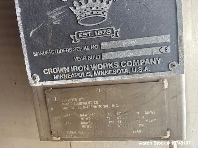 Unused 12,700 Gallon Crown Iron Works 316L Stainless Steel Vertical Storage & Process Vessel