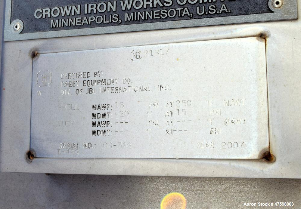 Unused- Crown Iron Works Pressure Tank, 10,600 Gallon, 304 Stainless Steel, Vert