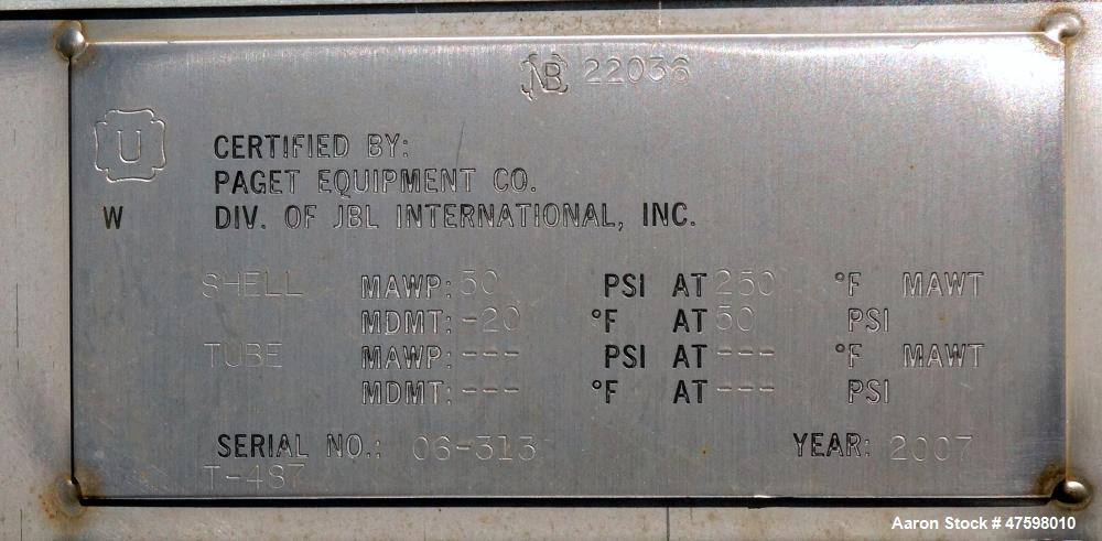 Unused- Crown Iron Works Pressure Tank, 5,497 Gallon, 316L Stainless Steel, Vertical. 102” Diameter x 141” straight side, dished top & bottom. Internal rated 50 psi at -20 to 250 degrees F. Openings ...