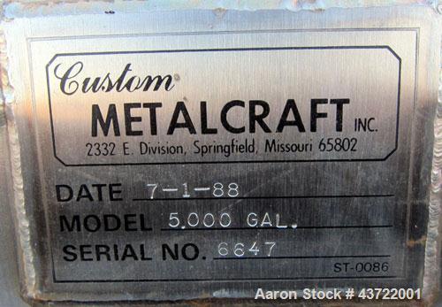 Used Custom Metalcraft Tank, 5000 Gallon, 304 Stainless Steel, Horizontal. Approximately 96” diameter x 144” straight side, dished heads.  Openings: top 3”, (2) 1-1/2”, 2”, heads 18” manway with cove...