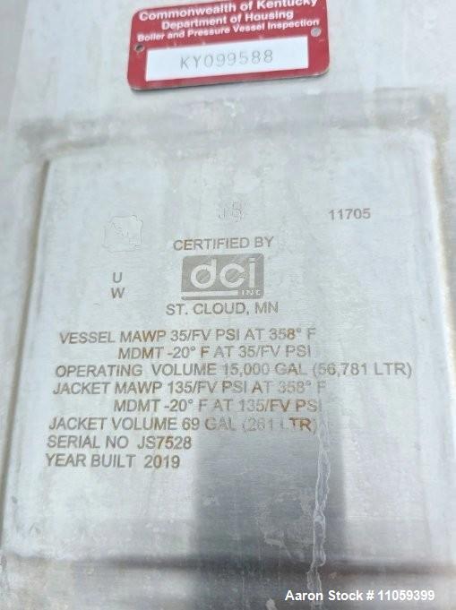 Used DCI 15,000 Gallon 316L Stainless Steel Jacketed Sanitary Mix Tank / Fermenter / Reactor with 100 HP Agitator