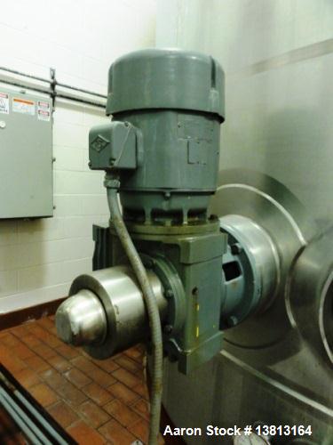 Used 10,000 Stainless Steel Single Shell Mixing Tank. Domed top, sloped bottom mixing tank with vent on top, bottom side manway, bottom side 6.25 hp agitator with 155 final rpm mixer. 12' diameter x ...