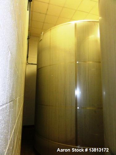 Used- 10,000 Gallon Vertical, Stainless Steel. Domed top, sloped bottom mixing tank with vent on top, bottom side manway. Bo...