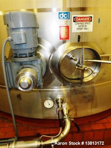 Used 10,000 Gallon Vertical, Stainless Steel. Domed top, sloped bottom mixing tank with vent on top, bottom side manway. Bottom side 6.25hp agitator with 155 final rpm mixer. 12" diamter x 12' straig...