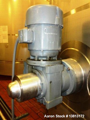 Used 10,000 Gallon Vertical, Stainless Steel. Domed top, sloped bottom mixing tank with vent on top, bottom side manway. Bottom side 6.25hp agitator with 155 final rpm mixer. 12" diamter x 12' straig...