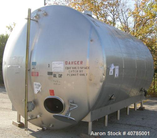 Used DCI 316L stainless steel storage tank, 10,000 gallon capacity, horizontal design. 120" inside diameter x 204" straight side, dished heads. Bottom 1/3 dimple jacket rated 62 psi @ 250 degrees F. ...